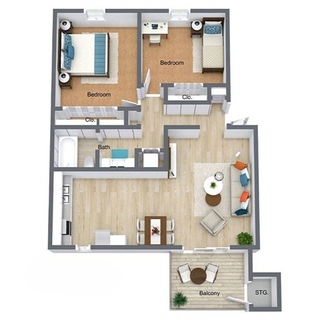 Floor plan for 2 beds, 1 bath, 813 sqft